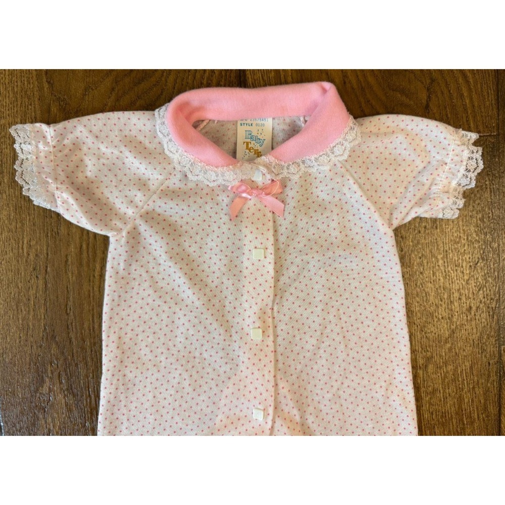 Vintage Baby Terry Brand Girl Outfit 3 3/6 Months Pink Dots Bow Lace Square Snap